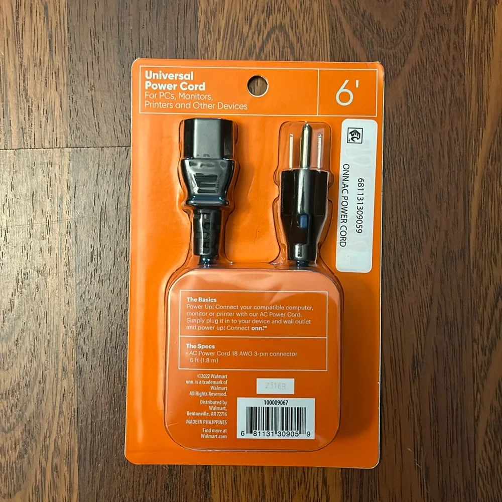 Onn Surf 6 Foot Universal Power Cord For PCs Video Games Printers